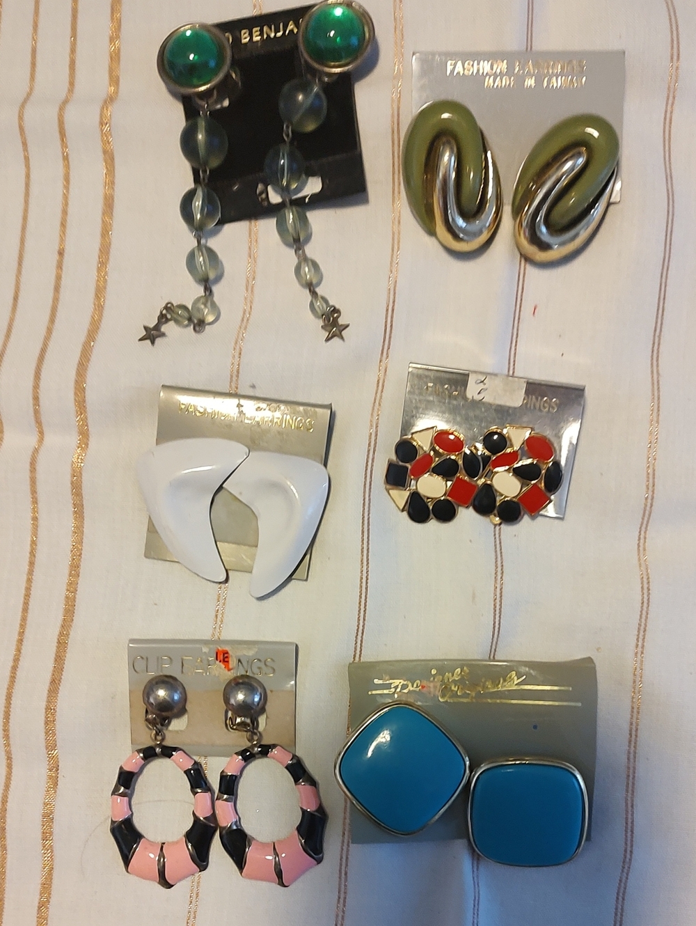 Assorted Women’s Vintage Clip-On Earrings - Green, White, Black/Red, Pink, Turq.
